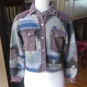 POL Multicolor Jean Jacket with Blue and Brownish Burgundy Accents